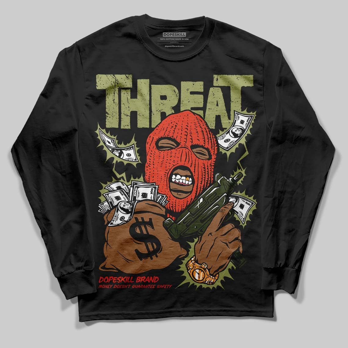 Olive Collection DopeSkill Long Sleeve T-Shirt Under Threat Graphic