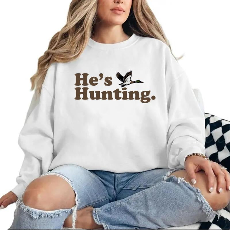 PA2425 He's Hunting Mallard Funny Graphic Tee Retro Mallard Duck Sweatshirt Pullover, Hunting Season Unisex