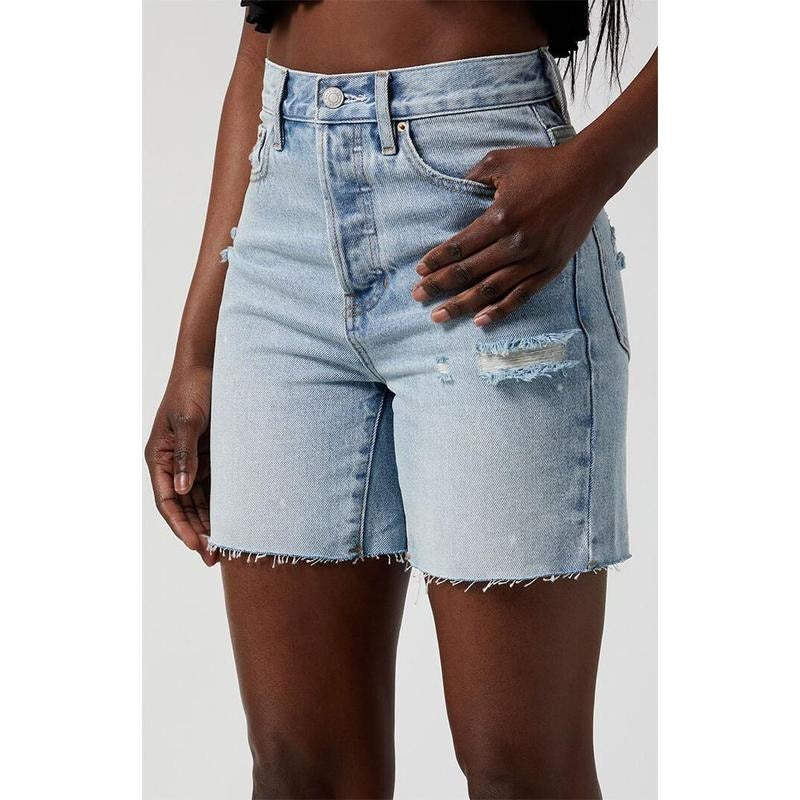 PacSun Women's Light Indigo Ripped Frayed Denim Dad Shorts