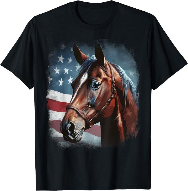Patriotic Horse American Flag Horseback Riding Western Farm Unisex T-Shirt Sweatshirt Hoodie Crewneck Casual Shortsleeve Tshirt