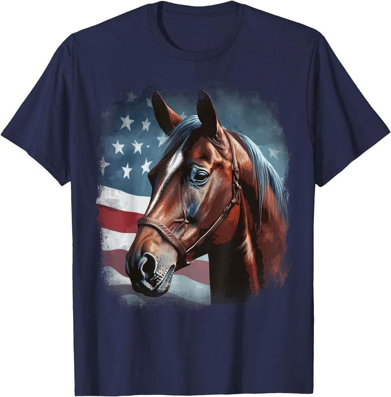 Patriotic Horse American Flag Horseback Riding Western Farm Unisex T-Shirt Sweatshirt Hoodie Crewneck Casual Shortsleeve Tshirt