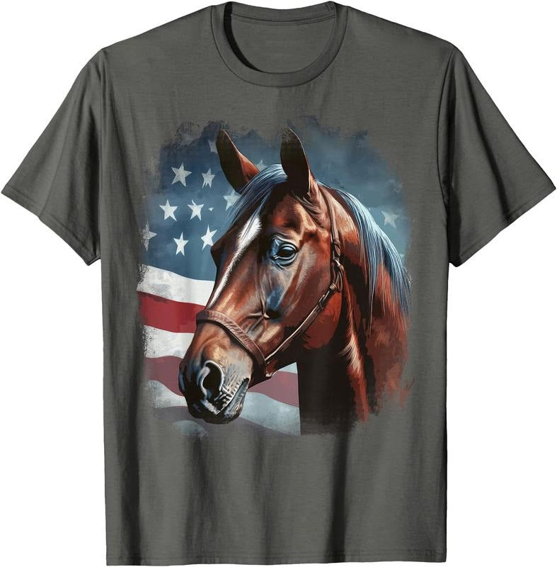 Patriotic Horse American Flag Horseback Riding Western Farm Unisex T-Shirt Sweatshirt Hoodie Crewneck Casual Shortsleeve Tshirt