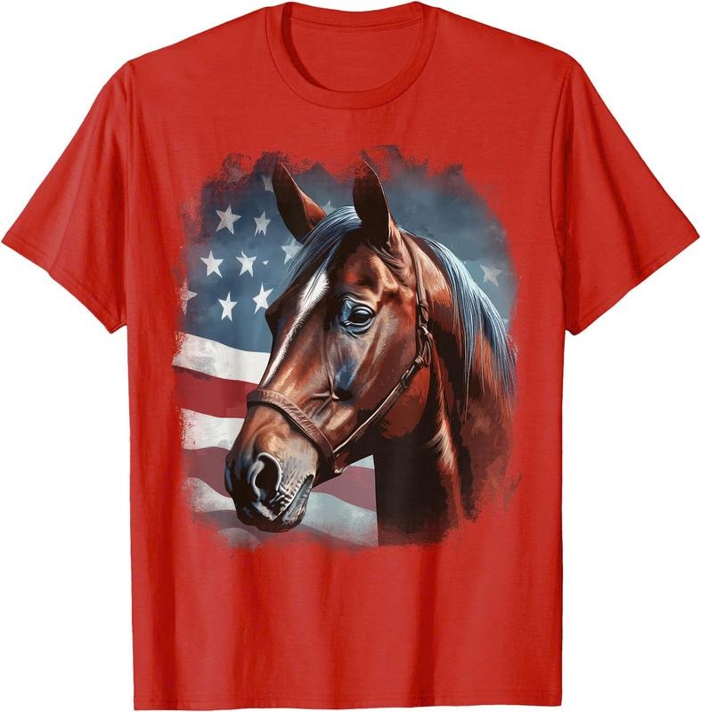 Patriotic Horse American Flag Horseback Riding Western Farm Unisex T-Shirt Sweatshirt Hoodie Crewneck Casual Shortsleeve Tshirt