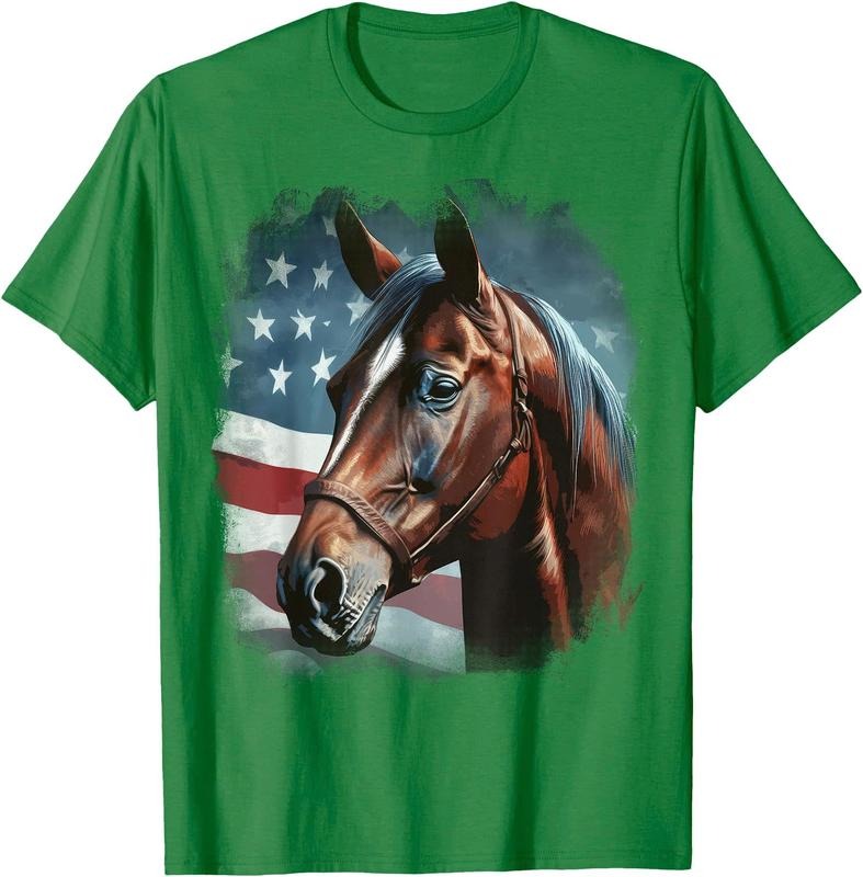 Patriotic Horse American Flag Horseback Riding Western Farm Unisex T-Shirt Sweatshirt Hoodie Crewneck Casual Shortsleeve Tshirt