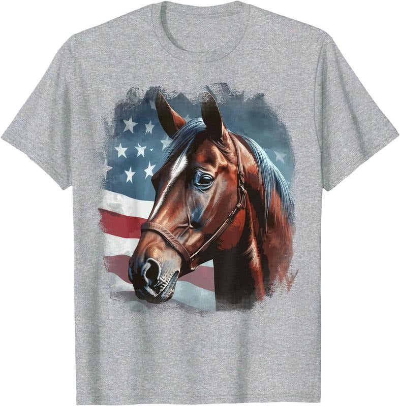 Patriotic Horse American Flag Horseback Riding Western Farm Unisex T-Shirt Sweatshirt Hoodie Crewneck Casual Shortsleeve Tshirt