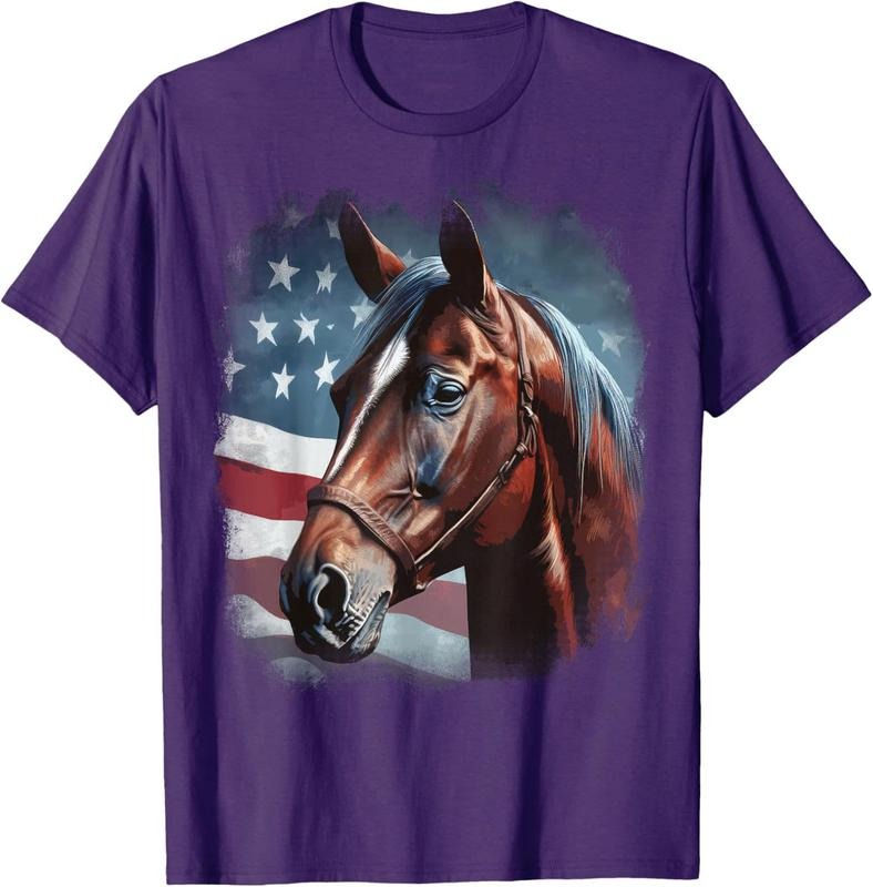 Patriotic Horse American Flag Horseback Riding Western Farm Unisex T-Shirt Sweatshirt Hoodie Crewneck Casual Shortsleeve Tshirt