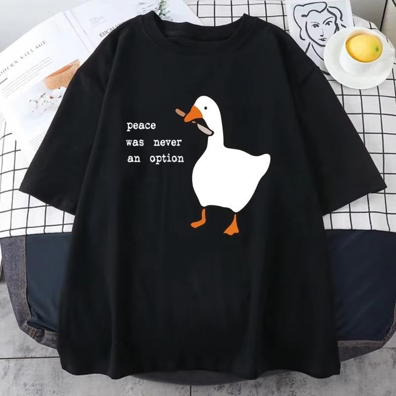 Peace Was Never An Option Letter Printed Men Cotton T-shirt Creative Duck Print Men's Tshirt Fashion Casual Loose Couple T-shirt, vintage Clothing