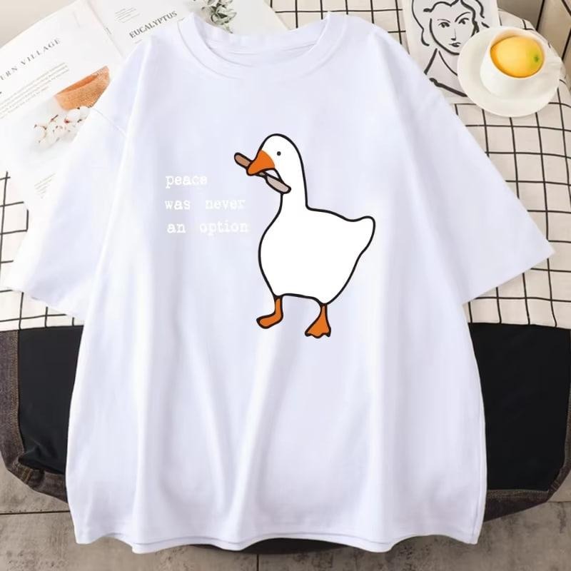 Peace Was Never An Option Letter Printed Men Cotton T-shirt Creative Duck Print Men's Tshirt Fashion Casual Loose Couple T-shirt, vintage Clothing