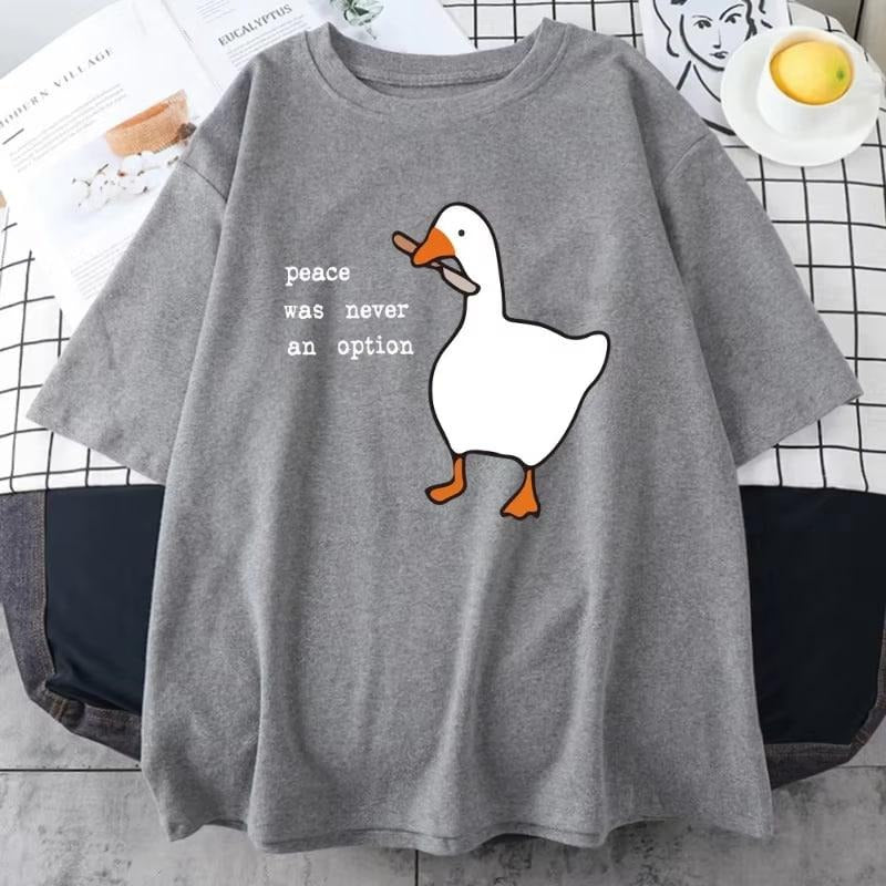 Peace Was Never An Option Letter Printed Men Cotton T-shirt Creative Duck Print Men's Tshirt Fashion Casual Loose Couple T-shirt, vintage Clothing