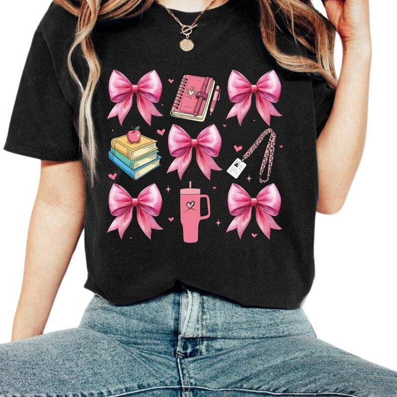 Pink Bow Book Back To School Graphic T-Shirt Cotton Top