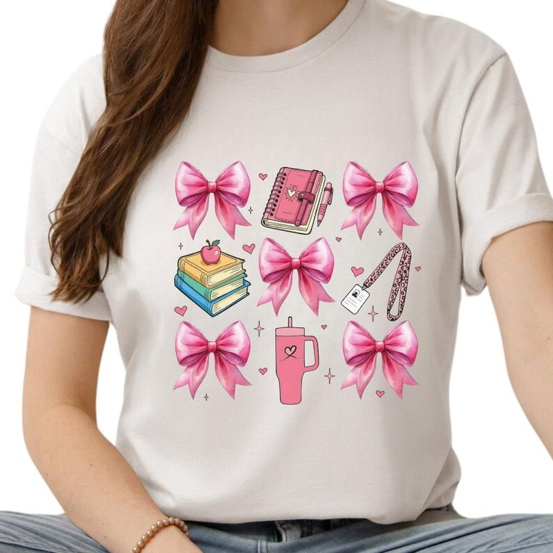Pink Bow Book Back To School Graphic T-Shirt Cotton Top