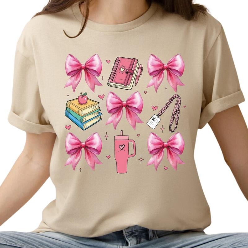 Pink Bow Book Back To School Graphic T-Shirt Cotton Top