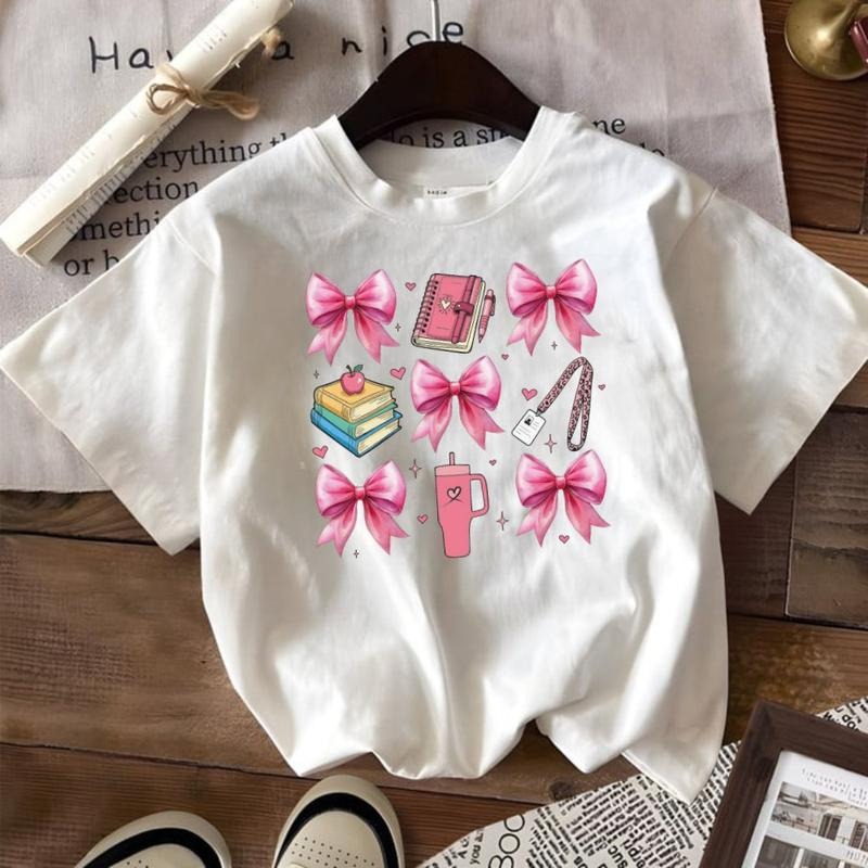 Pink Bow Book Back To School Graphic T-Shirt Cotton Top