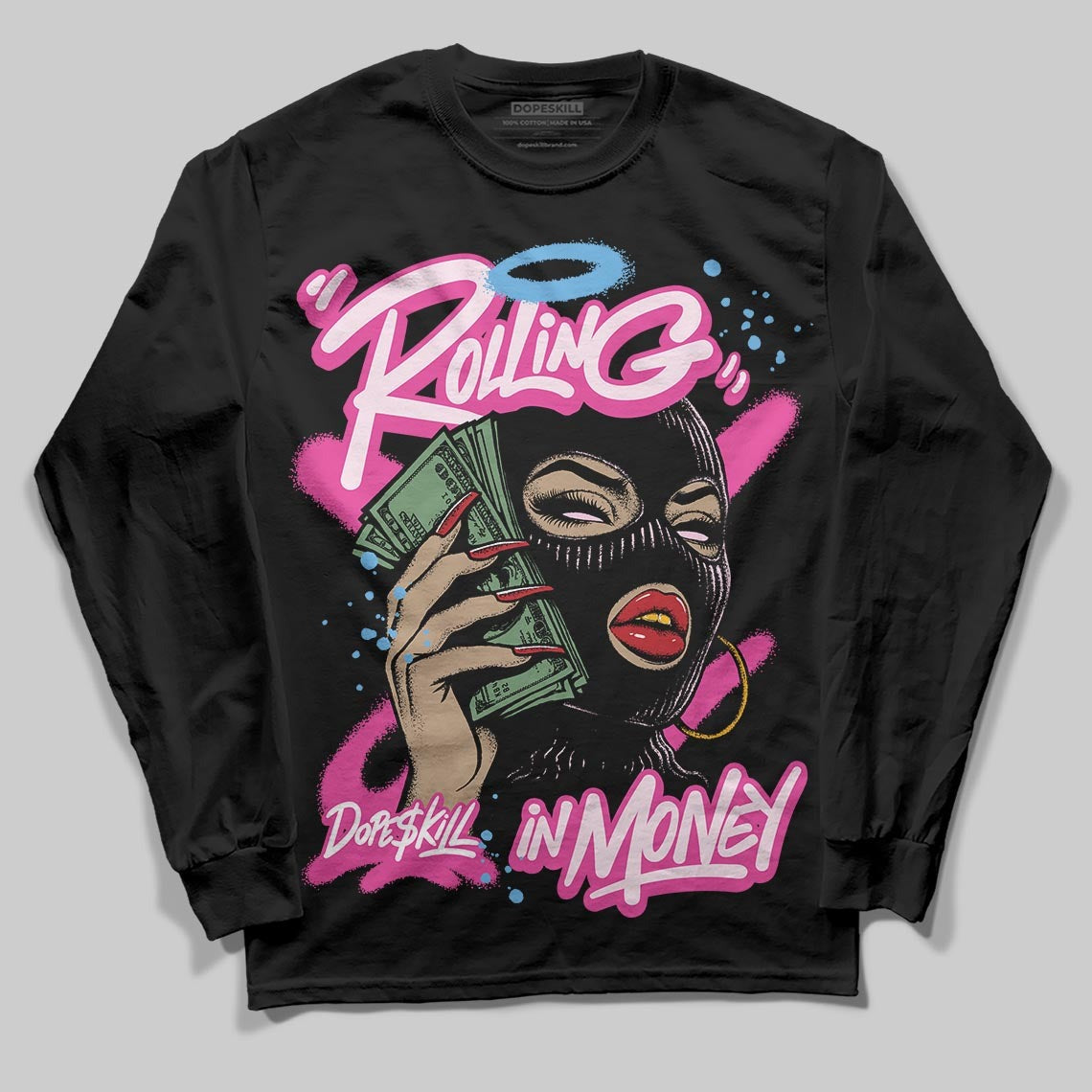 Pink Collection DopeSkill Long Sleeve T-Shirt Rolling in Money Graphic
