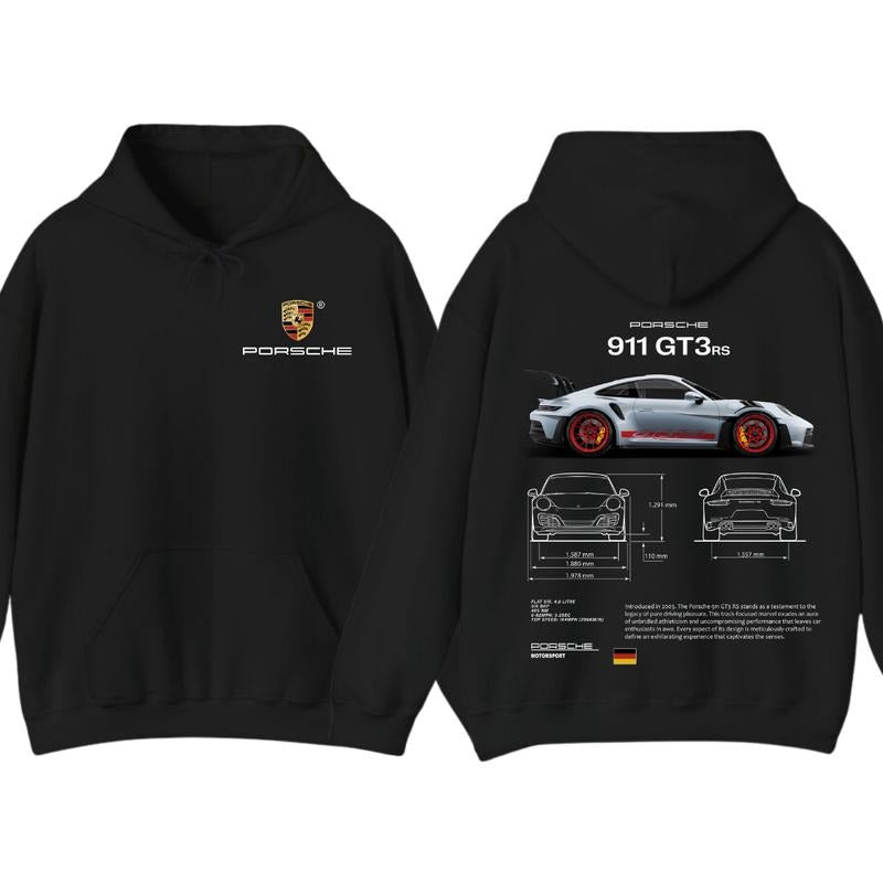Porsche 911 GT3 RS Aesthetic Hoodie T-Shirt, Porsche 911 GT3 RS 2-Sided Graphic Hoodie for Car Lovers, Perfect Gift for Porsche Enthusiasts, Menswear
