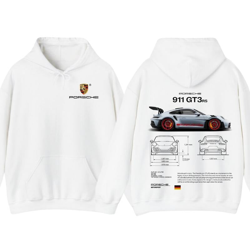 Porsche 911 GT3 RS Aesthetic Hoodie T-Shirt, Porsche 911 GT3 RS 2-Sided Graphic Hoodie for Car Lovers, Perfect Gift for Porsche Enthusiasts, Menswear
