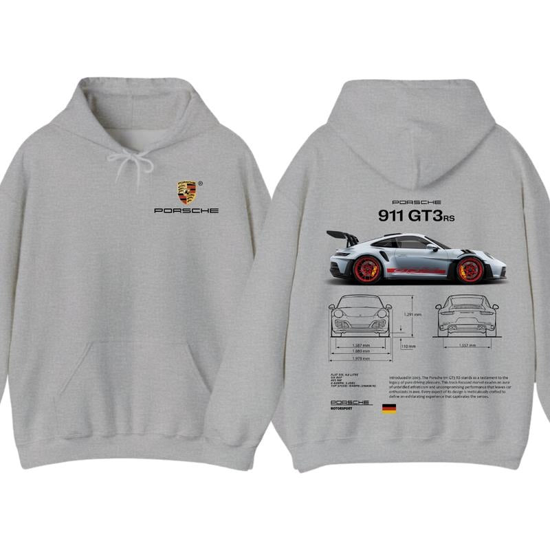 Porsche 911 GT3 RS Aesthetic Hoodie T-Shirt, Porsche 911 GT3 RS 2-Sided Graphic Hoodie for Car Lovers, Perfect Gift for Porsche Enthusiasts, Menswear