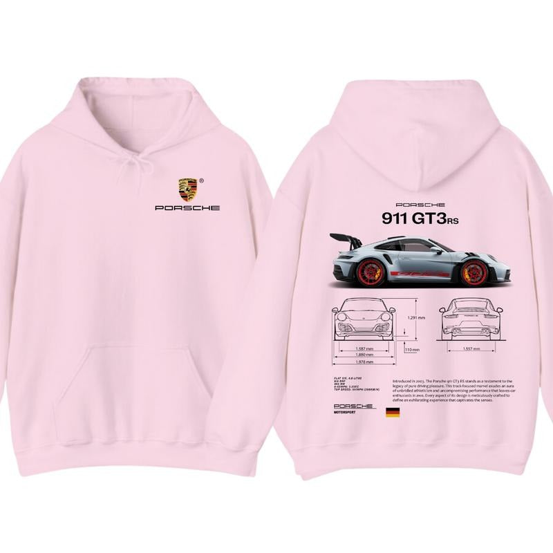 Porsche 911 GT3 RS Aesthetic Hoodie T-Shirt, Porsche 911 GT3 RS 2-Sided Graphic Hoodie for Car Lovers, Perfect Gift for Porsche Enthusiasts, Menswear