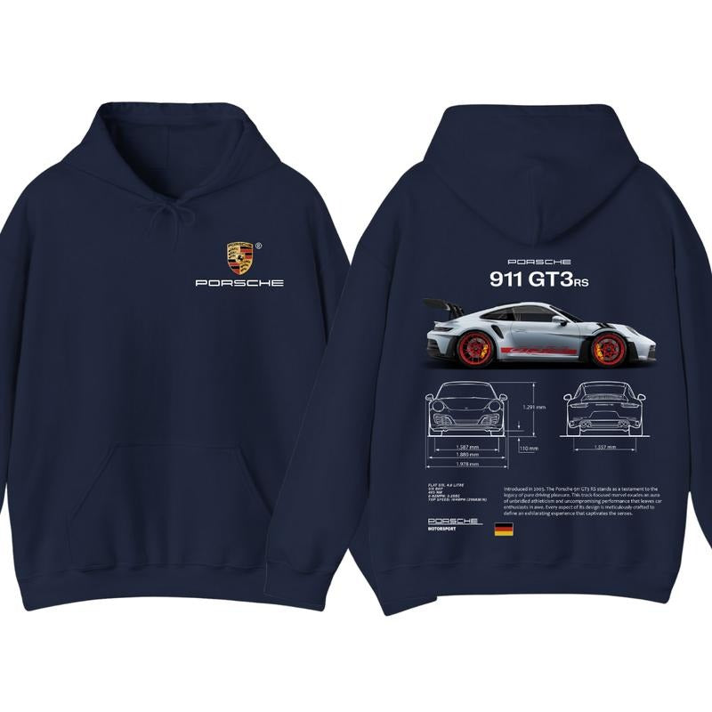 Porsche 911 GT3 RS Aesthetic Hoodie T-Shirt, Porsche 911 GT3 RS 2-Sided Graphic Hoodie for Car Lovers, Perfect Gift for Porsche Enthusiasts, Menswear