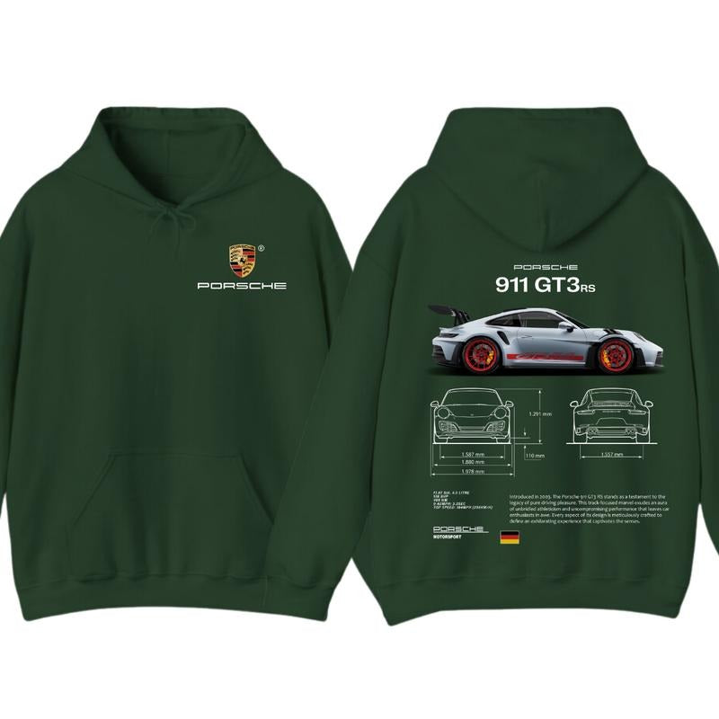 Porsche 911 GT3 RS Aesthetic Hoodie T-Shirt, Porsche 911 GT3 RS 2-Sided Graphic Hoodie for Car Lovers, Perfect Gift for Porsche Enthusiasts, Menswear