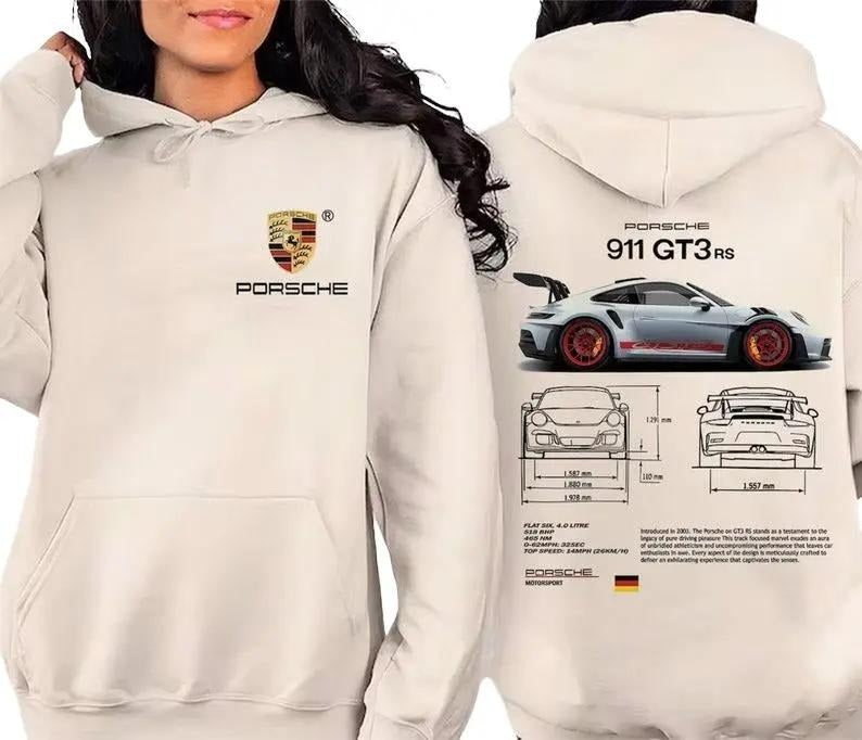 Porsche 911 GT3 RS Aesthetic Hoodie T-Shirt, Porsche 911 GT3 RS 2-Sided Graphic Hoodie for Car Lovers, Perfect Gift for Porsche Enthusiasts, Menswear