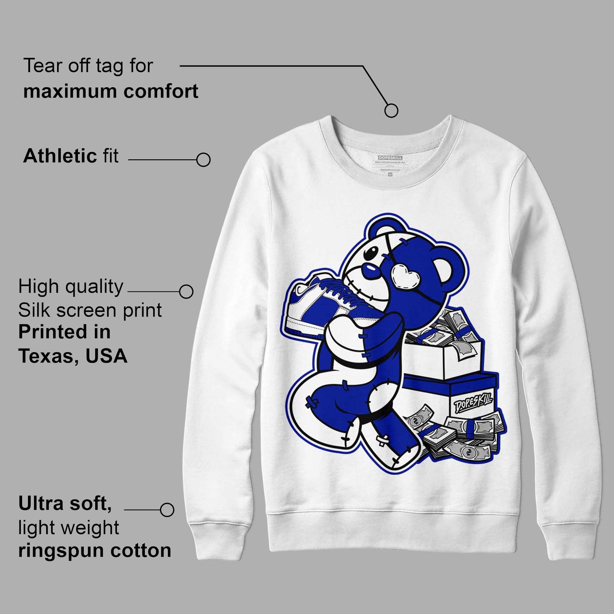 Racer Blue White Dunk Low DopeSkill Sweatshirt Bear Steals Sneaker Graphic