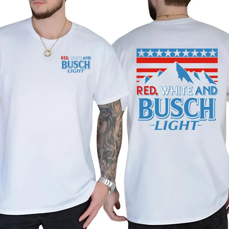 Red White And Busch Light 2-Sided T-Shirt, Unisex Casual Graphic Tee, Trendy Summer Top, Streetwear, Patriotic Style