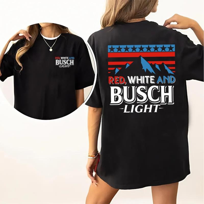 Red White And Busch Light 2-Sided T-Shirt, Unisex Casual Graphic Tee, Trendy Summer Top, Streetwear, Patriotic Style