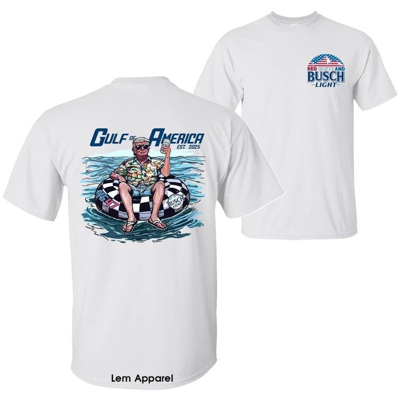 Red White and Busch Light President Trump Chillin on the Gulf of America Shirt, 4th of July Independence Day Unisex Cotton T-shirt for Men for Women