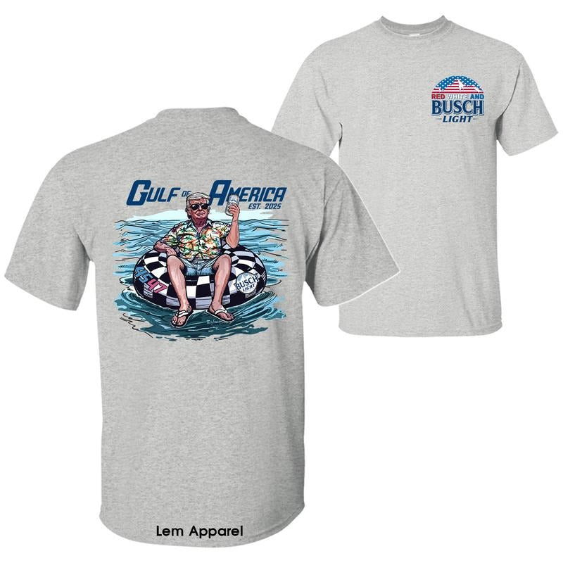 Red White and Busch Light President Trump Chillin on the Gulf of America Shirt, 4th of July Independence Day Unisex Cotton T-shirt for Men for Women