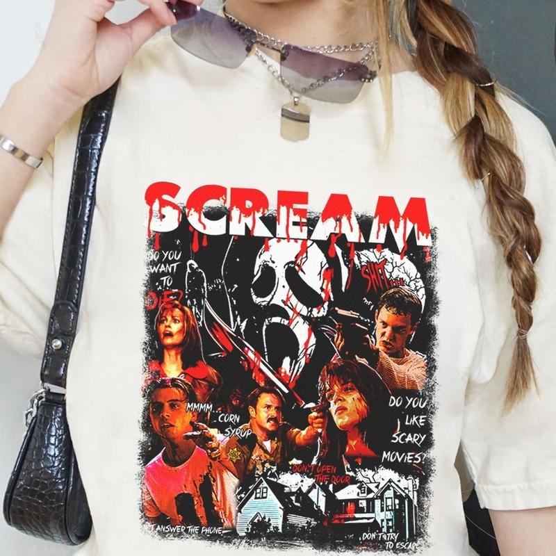 Retro 90s Scream Movie Shirt, Horror Movie Fan T-shirt, Ghostface, Billy Loomis, Stu Macher, Sidney Prescott, Funny Halloween Shirt