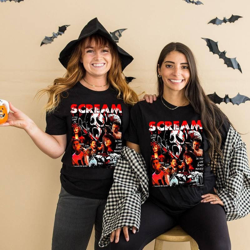 Retro 90s Scream Movie Shirt, Horror Movie Fan T-shirt, Ghostface, Billy Loomis, Stu Macher, Sidney Prescott, Funny Halloween Shirt