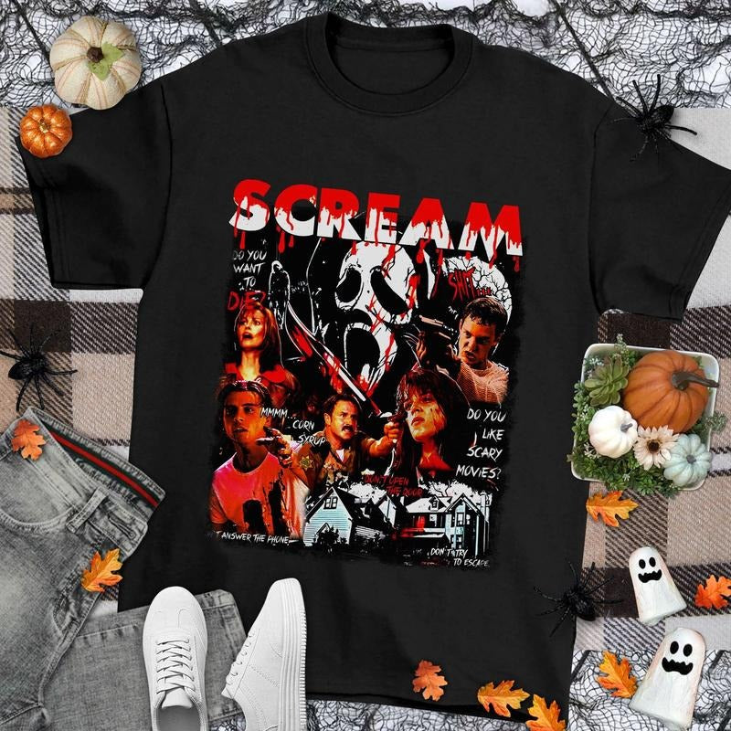Retro 90s Scream Movie Shirt, Horror Movie Fan T-shirt, Ghostface, Billy Loomis, Stu Macher, Sidney Prescott, Funny Halloween Shirt