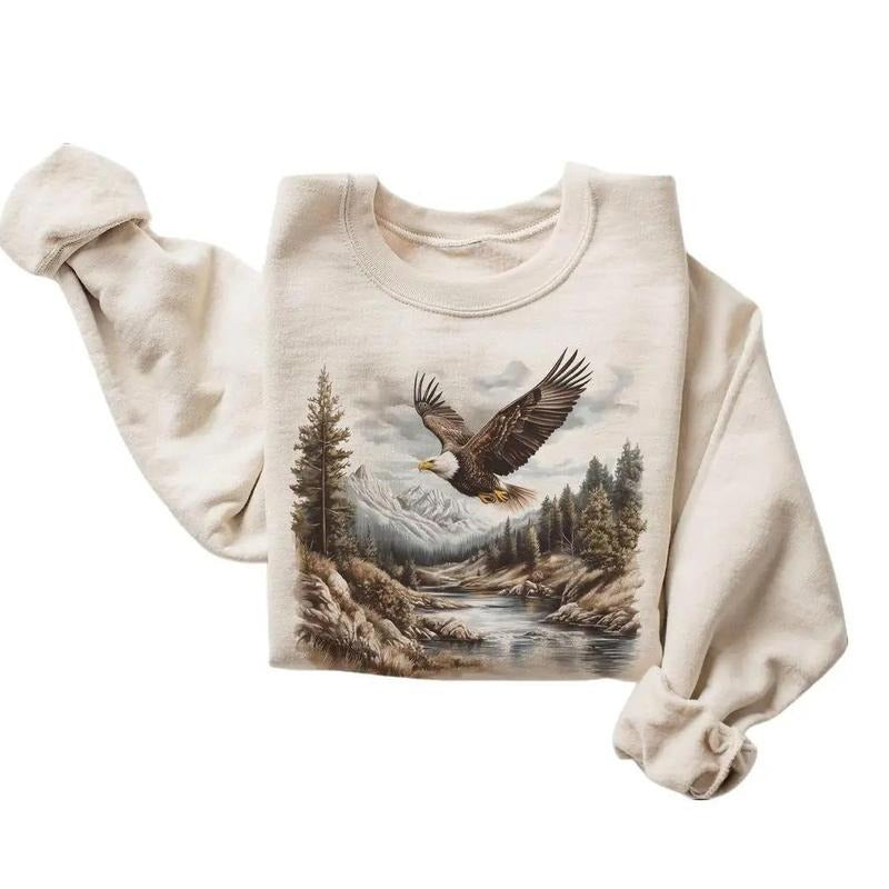 Retro Bald Eagle River Scene Sweatshirt - 90s Birds Of Prey Forest Nature - Boho Unisex Crewneck Sweatshirt Cotton Pullover