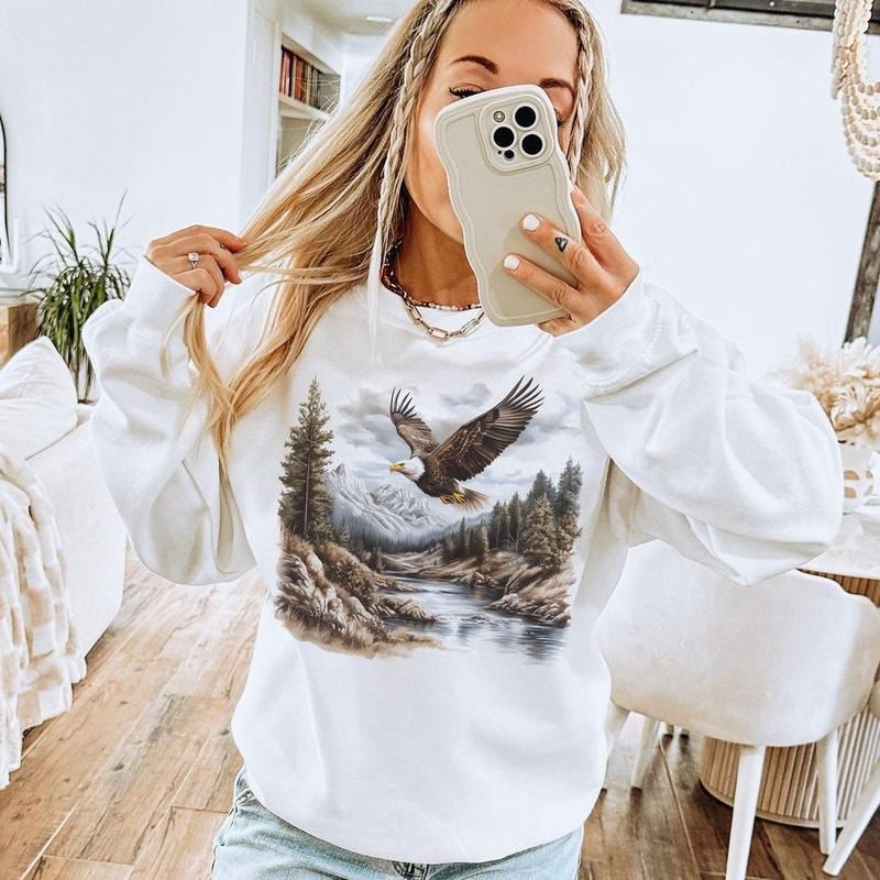 Retro Bald Eagle River Scene Sweatshirt - 90s Birds Of Prey Forest Nature - Boho Unisex Crewneck Sweatshirt Cotton Pullover