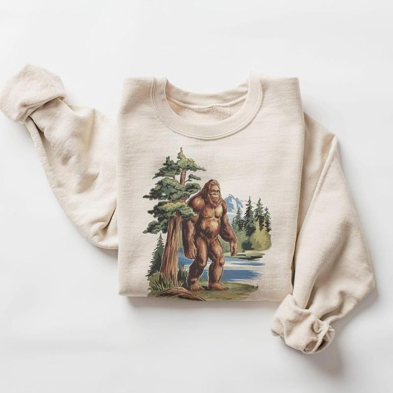Retro Bigfoot In The Redwoods Sweatshirt - 90s Sasquatch Cryptozoology Cryptid Outfit - Boho Unisex Crewneck Sweatshirt