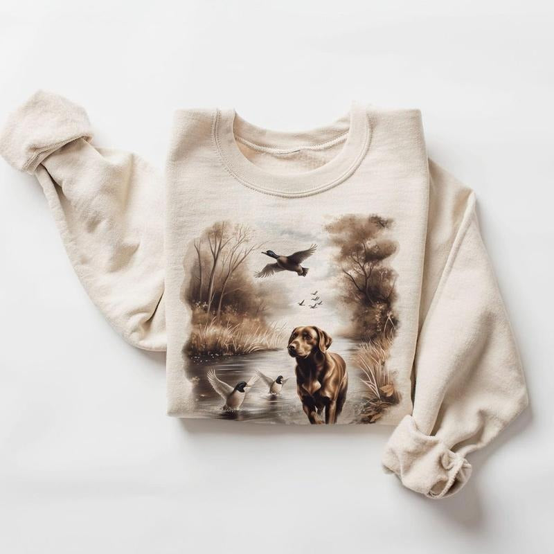 Retro Chocolate Lab Dog and Mallard Ducks Sweatshirt - 90s Vintage Labrador Retriever Hunting Duck Cotton Pullover