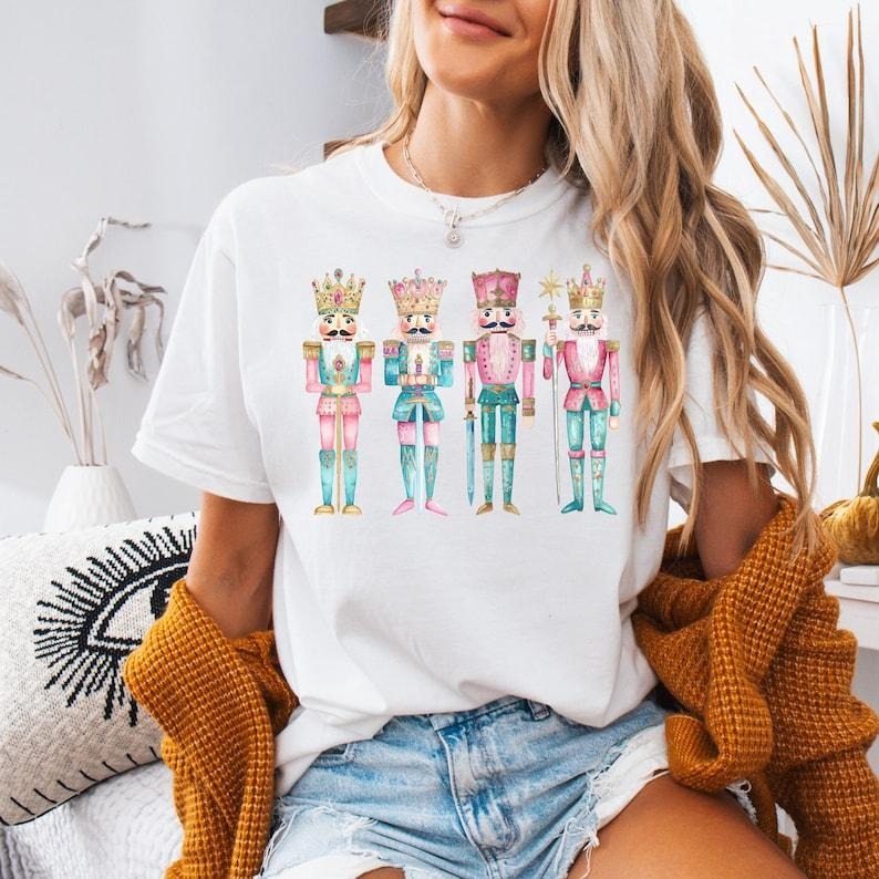 Retro Colors Nutcracker Christmas T-Shirt, Women's Holiday Tee, Watercolor Holiday T-Shirt, Holiday Party Gift, Festive Christmas Tees