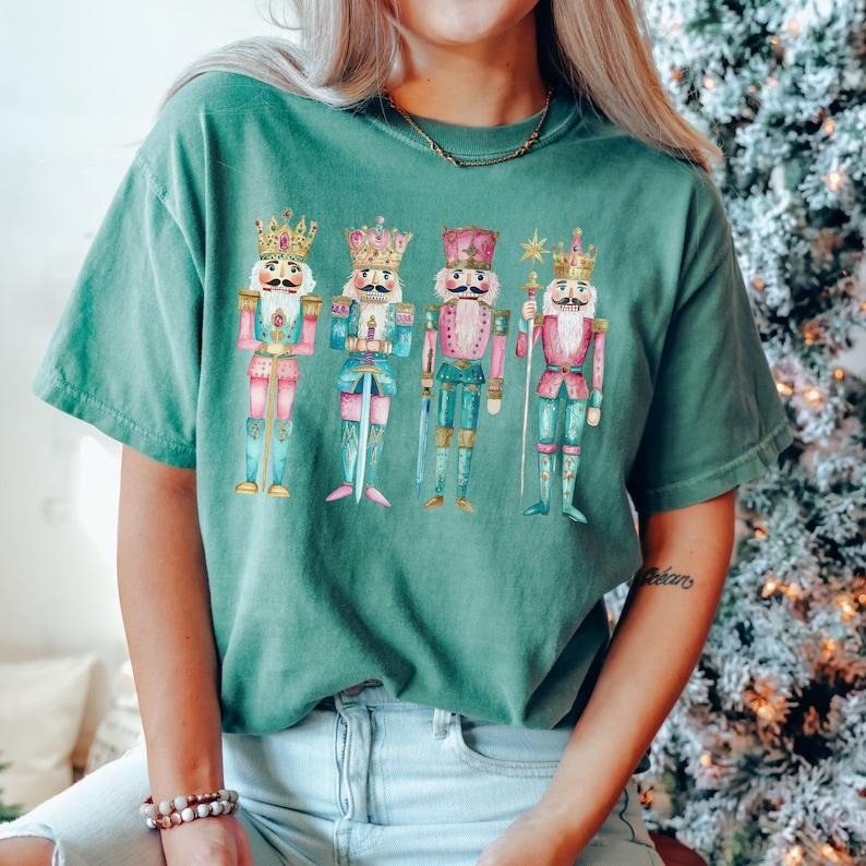 Retro Colors Nutcracker Christmas T-Shirt, Women's Holiday Tee, Watercolor Holiday T-Shirt, Holiday Party Gift, Festive Christmas Tees