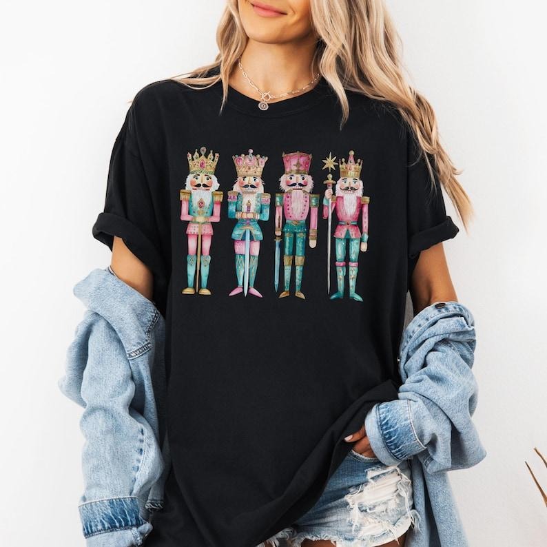 Retro Colors Nutcracker Christmas T-Shirt, Women's Holiday Tee, Watercolor Holiday T-Shirt, Holiday Party Gift, Festive Christmas Tees