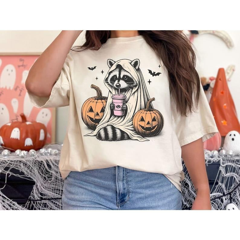 Retro Halloween Shirt, Cute Raccoon Ghost Shirt, Raccoon Halloween Shirt, Vintage Pumpkin Fall Shirt, Spooky Season Gift, Cozy Autumn, Halloween Shirt, Fall Shirt