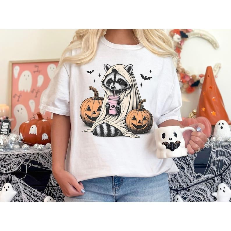Retro Halloween Shirt, Cute Raccoon Ghost Shirt, Raccoon Halloween Shirt, Vintage Pumpkin Fall Shirt, Spooky Season Gift, Cozy Autumn, Halloween Shirt, Fall Shirt