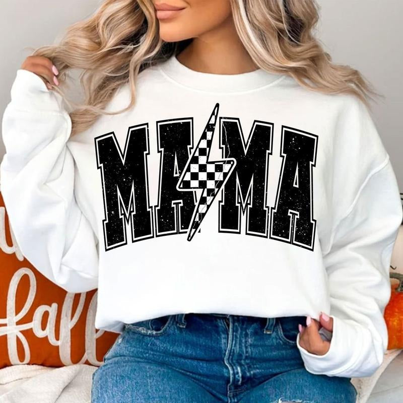 Retro Mama Lightning Bolt Checkered Crewneck Sweater, Mama Mom Life Unisex Shirt, Full Sizes, Full Colors