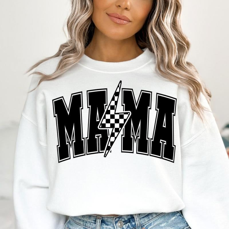 Retro Mama Lightning Bolt Checkered Crewneck Sweater, Mama Mom Life Unisex Shirt, Full Sizes, Full Colors