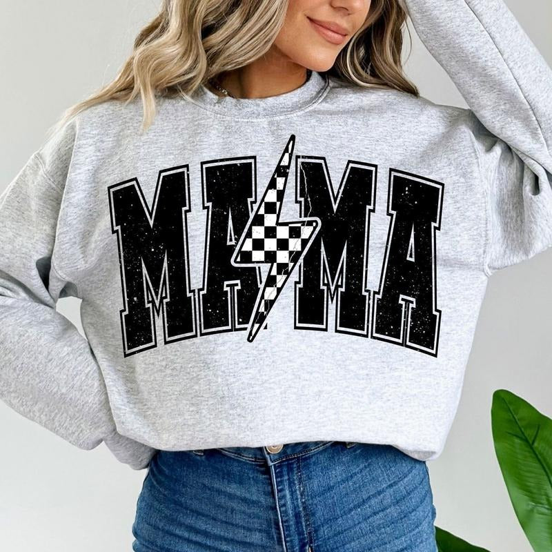 Retro Mama Lightning Bolt Checkered Crewneck Sweater, Mama Mom Life Unisex Shirt, Full Sizes, Full Colors