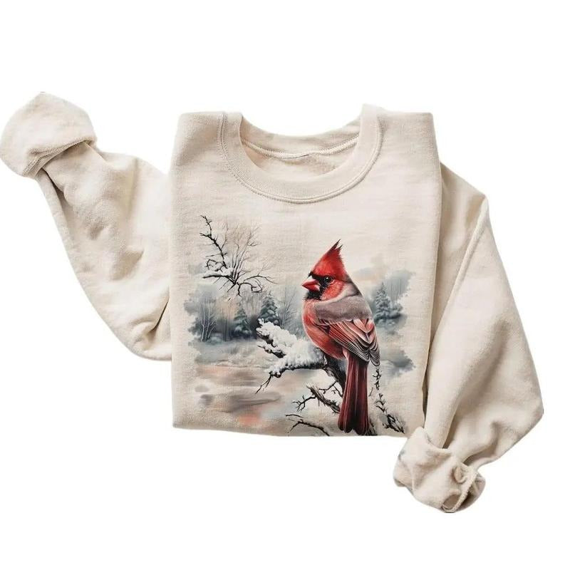 Retro Red Cardinal Winter Scene Sweatshirt - Nineties 90s Birding Bird Watching Outfit - Boho Unisex Hoodie