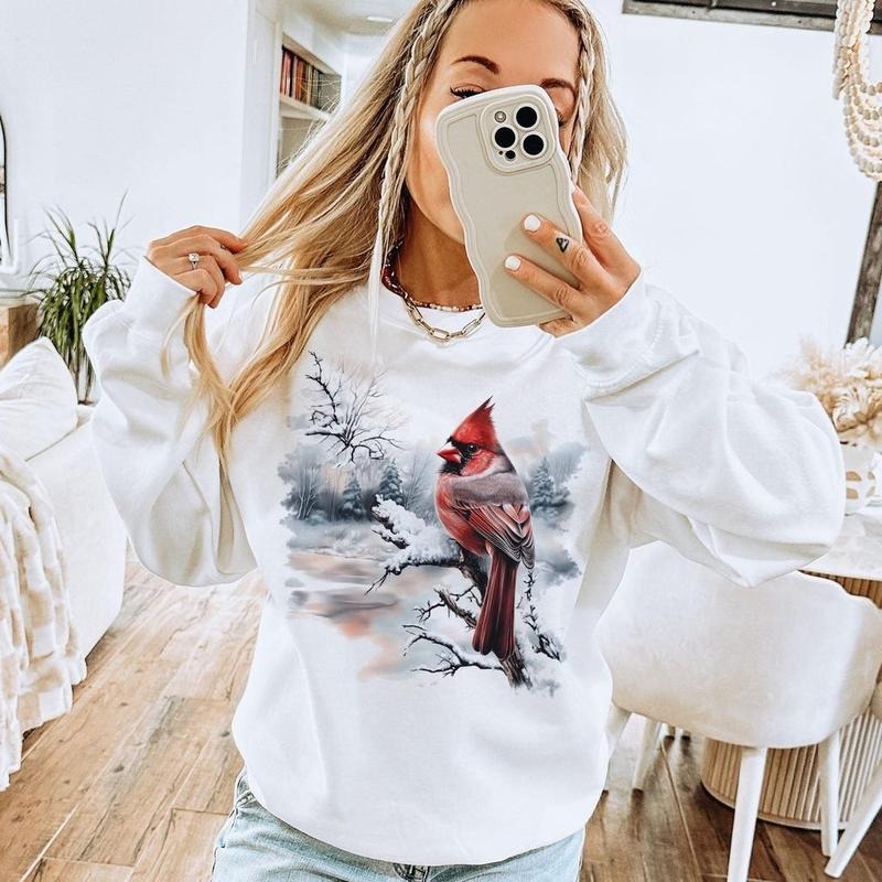 Retro Red Cardinal Winter Scene Sweatshirt - Nineties 90s Birding Bird Watching Outfit - Boho Unisex Hoodie