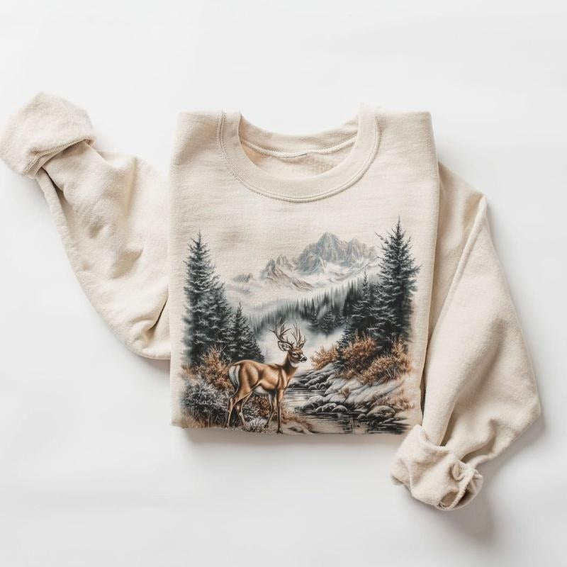 Retro Whitetail Buck Deer Winter Mountain Scene Sweatshirt - Nineties 90s Vintage Deer Nature Lover Outfit - Boho Unisex