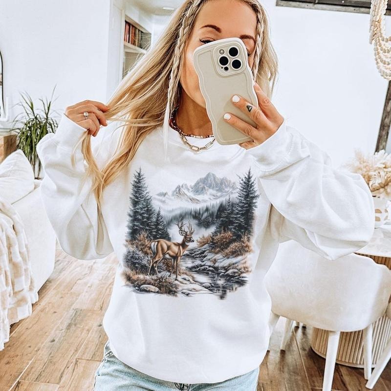 Retro Whitetail Buck Deer Winter Mountain Scene Sweatshirt - Nineties 90s Vintage Deer Nature Lover Outfit - Boho Unisex