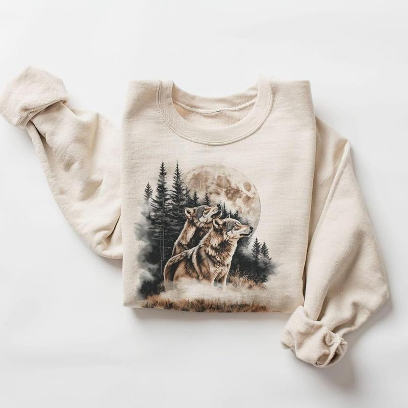 Retro Wolves Howling At The Moon Sweatshirt - 90s Wolf Foggy Forest Wilderness Tshirts- Boho Unisex Hoodie